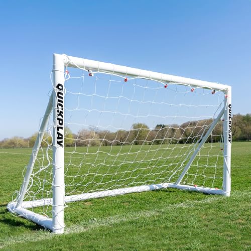 QUICKPLAY Q-Fold Soccer Goal White 72x48x24 inches All-Weather 30 Second Setup uPVC Patented Flexi-Joint System No Sag Crossbar Includes Net and Ground Pegs