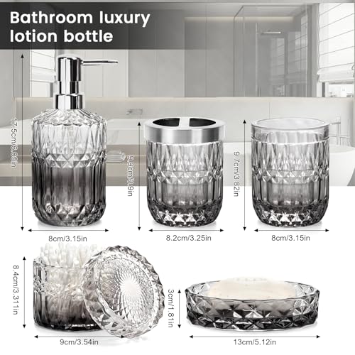 Bathroom Accessory Set,5pcs Bathroom Accessory Complete Set,Diamond Glass Bathroom Soap Dispenser,Lotion Dispenser,Toothbrush Holder,Tray,Jar,Tumbler,Bathroom Vanity Organizer,Elegant Home Decor - Image 3