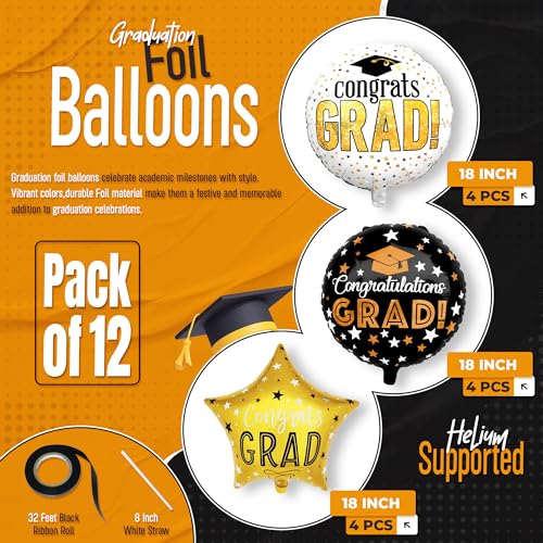 Image of KatchOn, Congrats Grad Balloon Set - 18 Inch, Pack of 12 | Congrats Grad Balloons for Graduation Decorations 2026, Black and Gold Graduation Balloons, Congrats Grad Decorations, Grad Party Decor