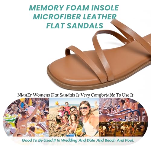 Image of NianEr Womens Microfiber Leather Memory Foam H Sandals Summer Shoes Slides | Flat, Comfortable, Slip On, Dressy, Dress, Beach, Vacation, Designer, Comfy, Casual, Bridal, Church, Boho, Office, Work