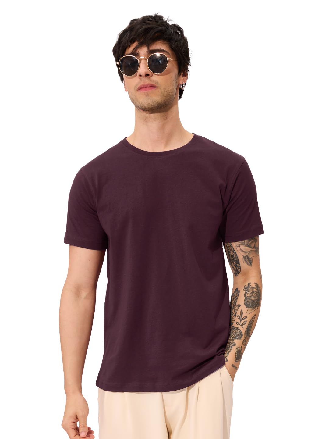 The Souled StoreSolids: Dark Red Men and Boys Short Sleeves Round Neck Regular Fit Cotton T-Shirts