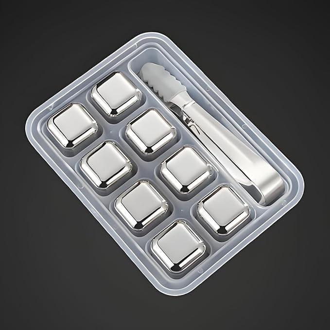 Image of 8-Pack Stainless Steel Whiskey Stones with Tongs & Container - Reusable Ice Cubes for Chilling Red Wine, Whiskey, Cocktails & More - Food-Grade Safe