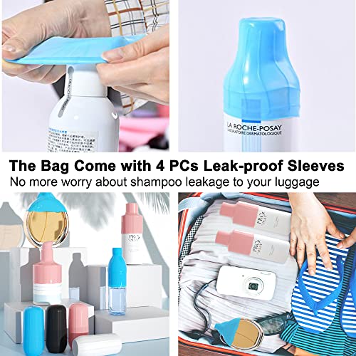 Makeup Bag - Large Capacity Cosmetic Bag - With Handle And 4 Leak-Proof Silicone Sleeves, Open Flat For Easy Access, Made Of Pu Leather, Ideal Gift For Women In Daily Or Travel Use #TOP3