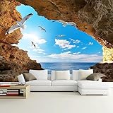 WFBHUA-3d Cave Ocean Wallpaper Nature Seagulls Landscape Large Theme Wall Murals for Bathroom Living Room(Not Peel and Stick)