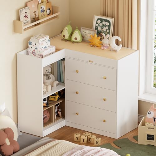 Image of CASANOOKK Corner Baby Changing Table Dresser,Dresser for Nursery with 3 Drawers and 2 Shelves,Multi-Functional Baby Changing Table,Changing Station Organizer for Bedroom,White