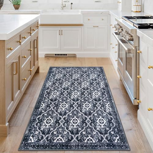 KILOCOCO 3x5 Moroccan Super Soft Area Rug Washable Living Room, Vintage Floral Rug Indoor Non-Slip, Print Faux Wool Accent Indoor Entryway Rug for Laundry Playroom Office, Black/Navy Blue White