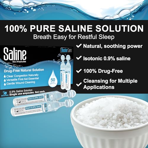 Image of Saline Ampoules Saline Solution, Sodium Chloride 0.9%, 50 Count (5mL Each) | Nasal Cleanse for Babies, Kids, & Adults, Sterile Nasal Care, Wound Cleansing