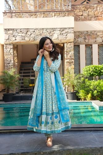 Image of GoSriKi Women's Rayon Viscose Printed Anarkali Kurta with Pant & Dupatta | Anarkali Suit for Women | Pure Cotton Suit Set for Women | Block Print Kurta Palazzo Dupatta Set