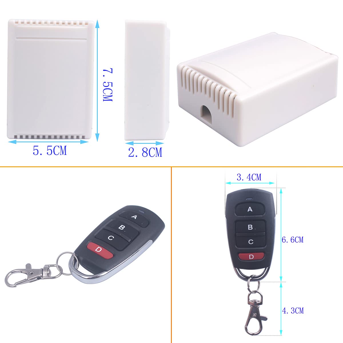 433Mhz 12V 4CH Canal Interrupteur sans fil, Interrupteur de télécommande 12V Ouvre-porte de garage intelligent Commutateur de relais à distance Émetteur Récepteur (1 récepteur + 2 émetteurs)