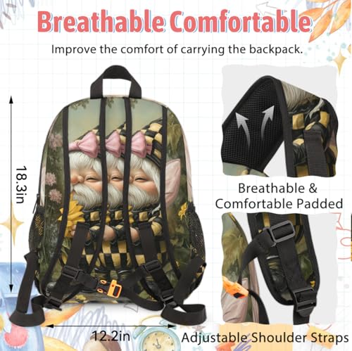 TropicalLife Honeybee Gnome Backpack with Lunch Box Set, Back Pack and Lunch Bag Honeybee Gnome Waterproof Casual Daypack Bag for Work Travel4