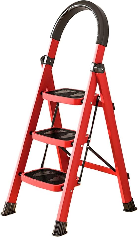 BAOYOUNI Step Ladder Foldable 3 Step Stool Heavy Duty Stepladders for Adults with Handrails and Anti-Slip Wide Pedal Household Tool for Home Office Garage Garden, 330lbs Capacity (Red+Black)