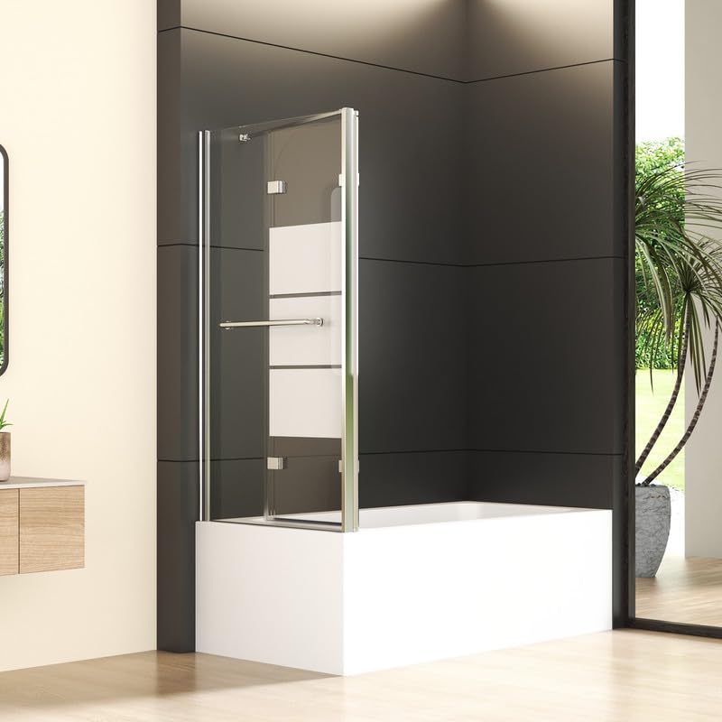Duschwand für Badewanne mit Seitenwand 70x120x140cm 3-teilig Faltbar, Gestreift Glas Duschabtrennung Badewannenaufsatz Duschtrennwand aus 6mm Sicherheitsglas, Seitenwand mit Handtuchhalter