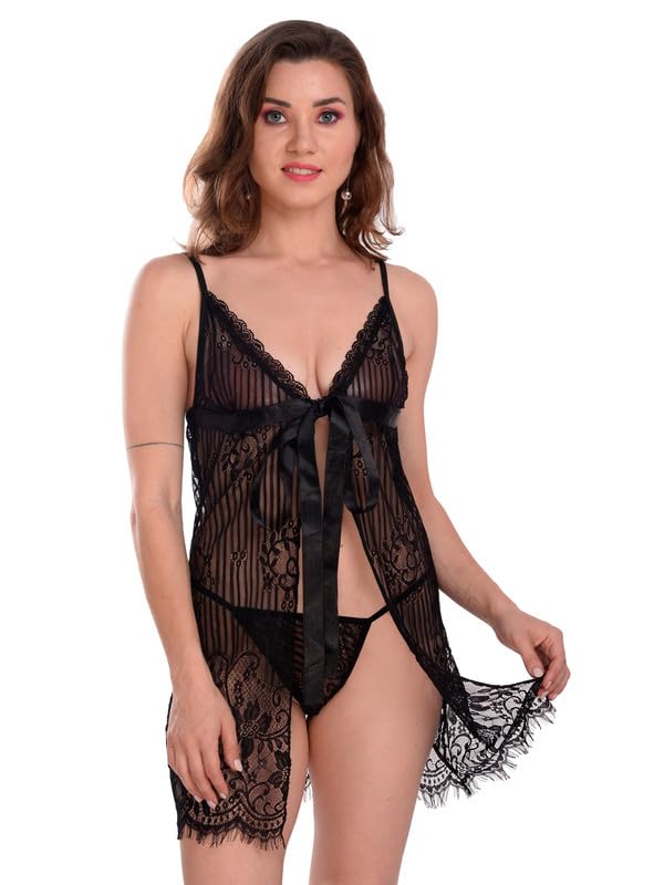 Image of Women Satin Lace Solid Print Babydoll Lingerie Honeymoon Nighty.