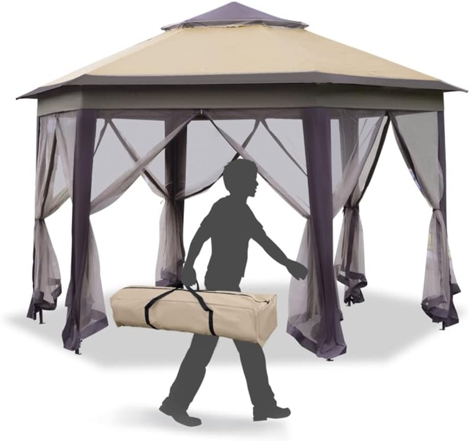 13' Patio Gazebo Steel Fabric Hexagonal with Mesh Sidewalls - Coffee and Beige