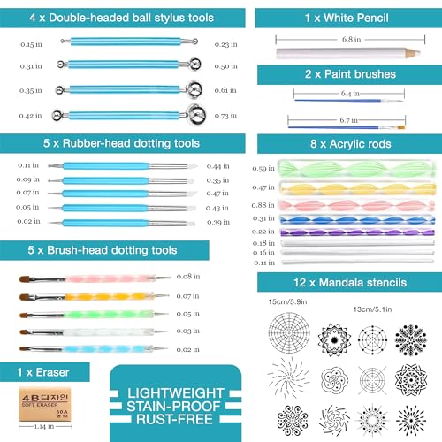 Kit de ferramentas de pontilhamento mandala com tintas acrílicas e estênceis reutilizáveis - Conjunt