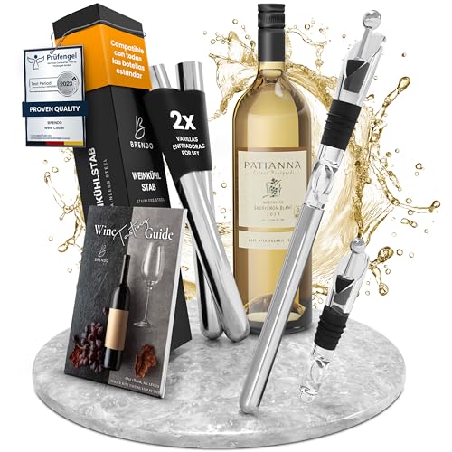 Brendo Enfriador de Botellas de Vino 4 en 1 – Varillas Enfriadoras de Acero Inoxidable en 2 Longitudes + Vertedor + Decantador + Tapón | Set de Regalo para Hombres y Mujeres | Accesorios para Vino