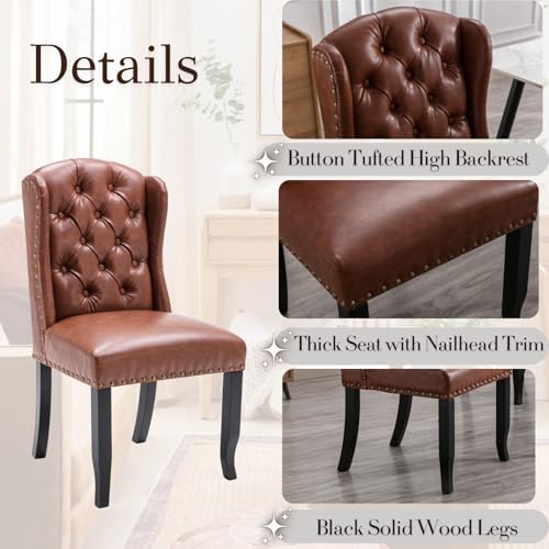 HEAH-YO-Refined-Upholstered-Dining-Chairs-Set-of-2-Armless-Kitchen-Chairs-with-Wood-Legs-and-Copper-Nails-Tufted-PU-Leather-Dining-Room-Chairs-for-Kitchen-Brown HEAH YO Refined Upholstered Dining Chairs Set of 2 Armless Kitchen Chairs with Wood Legs and Copper Nails Tufted PU Leather Dining Room Chairs for Kitchen Brown