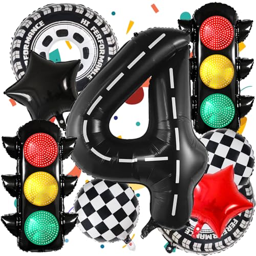 9Pcs Race Car Balloons40 Inch Racetrack Number 4 BalloonTraffic Light Balloons4th Birthday Race Car Theme Party Decor Supplies4th