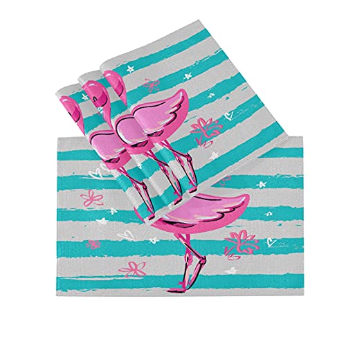 Pink Flamingo on Blue Stripes Placemats Placemats Set of 4 Non Slip Dining Table Mats Vinyl Placemat Table Place Mats for Kitchen Home Decoration 12