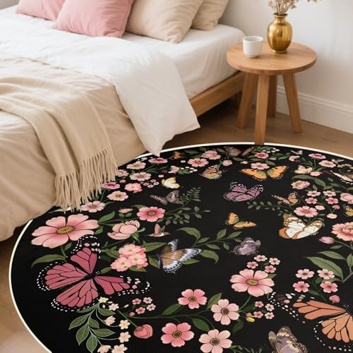 Butterfly 4ft Round Rug - 4x4 Washable Circle Rug Soft Large Circle Carpet for Bedroom Living Room Kitchen Nursery, Black