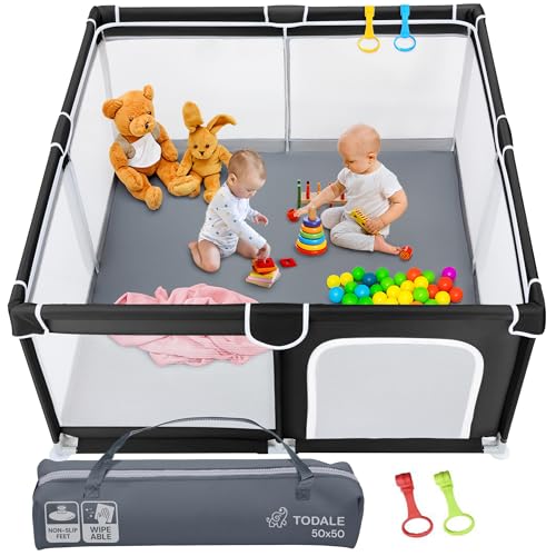 Todale Baby Play Pen - 50 x 50 x 27 in, Black - Portable Foldable Play Pen for Babies & Toddlers with Anti-Slip Base & Breathable Mesh Panels