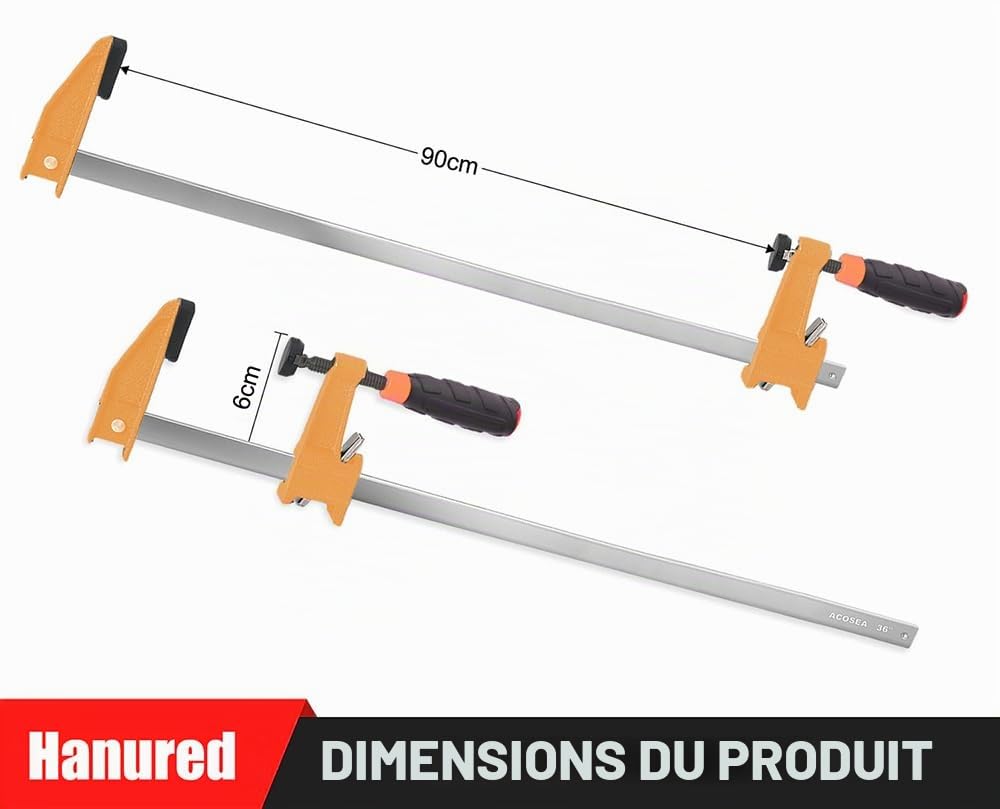 Lot de 4 Serre-joints, Largeur de Serrage 900mm, Profondeur de la mâchoire 60mm, Force de Serrage Maximale de 270kg, Ajustables et à Dégagement Rapide