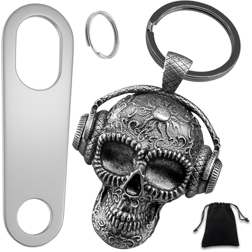 Anwlki Biker Guardian Glück Schädel Reitglocke Motorrad Gremlin Glocken mit 2 Schlüsselanhänger Ring Zubehör, Motorrad Glocke Aufhänger, Samtbeutel (Altes Silber)