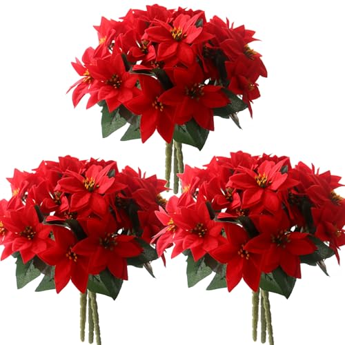 Paquete de 6 ramos de flores artificiales de Pascua de Navidad para decoración de interiores y exteriores, 35 cm, flores de Pascua rojas sintéticas con 7 tallos, 42 flores de Pascua para porche,