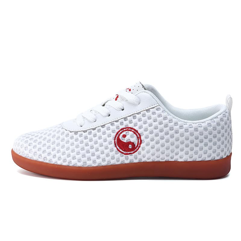Tai Chi Shoes, Breathable Knit Slip-On, White with Red Yin Yang Logo, Soft Rubber Sole