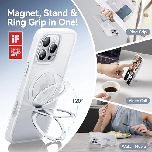 Image of CASEKOO Ultra-Magnetic Stand for iPhone 16 Pro Case, Shockproof Slim, White | [Military Drop Protection] [Compatible with MagSafe] Translucent Matte Slim Ring Holder Case for iPhone 16 Pro 6.3 Inch