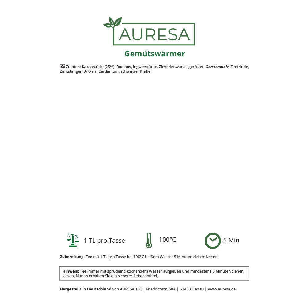 AURESA Ayurveda Tee Gemütswärmer | Kräutertee mit Rooibos, Kakao-Stücken und Zimt | Gute Laune Mischung für die Tasse