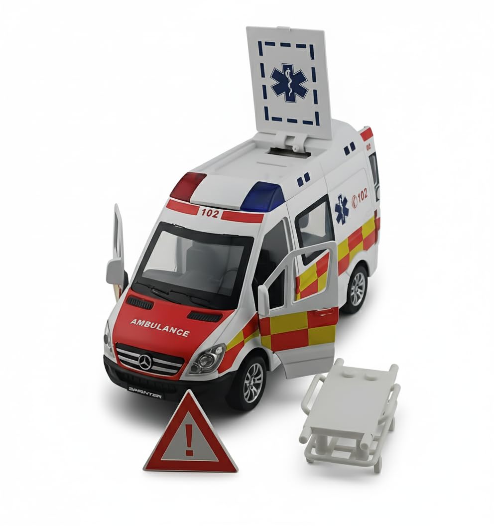1:32 Scale Die-Cast Mercedess Ambulance Emergency Rescue Toy, Light and Siren Sound Effects, Pull-Back Action, Openable Doors and Rear Hatch for Kids (Ambulance), Red