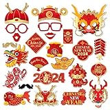 LASLU 25Pcs Chinese New Year Photo Booth Props Kit,New Year of The Tiger Photobooth Props,2024 Lunar New Year Spring Festival Birthday Wedding Photography Backdrop Decorations
