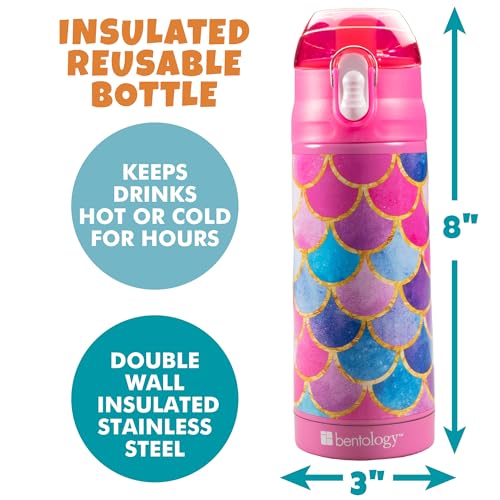 Image of Bentology Stainless Steel 13 Oz Reusable Water Bottle for Kids, Mermaid | Double Wall Insulated, Spill Proof Lid W /Built-in Straw- Keep Liquids Hot or Cold- Easily Fits in Lunch Boxes & Bags