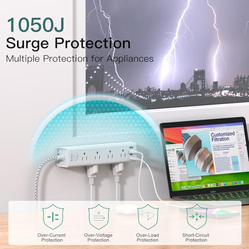 Image of Surge Protector Power Strip - 10 FT Extension Cord, Power Strip with 12 Widely AC Outlet 4 USB, Flat Plug Wall Mount Overload Protection, 1050J, Desk Charging Station for Home Office, ETL Listed,White