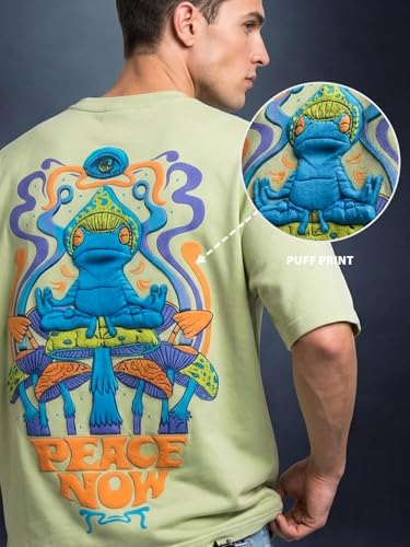Image of Veirdo Men's Oversized T-Shirt | 240 GSM | Pure Cotton | Drop Shoulder | Round Neck | Half Sleeve Graphic Puff Print | Summer Casual Streetwear Loose Fit Tee