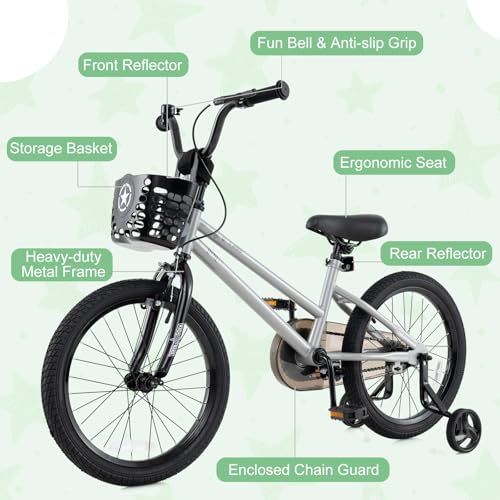 Image of BABY JOY Starry Kids Bike, 12 14 16 18 Inch Bicycle with Training Wheels, Storage Basket, Adjustable Handlebar & Seat, Handbrake & Coaster Brake, Girls Boys Bike