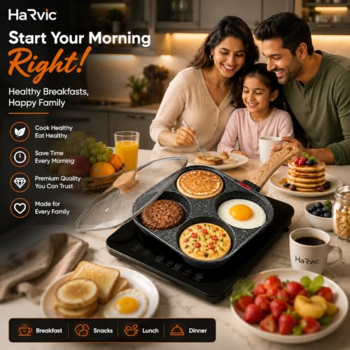 Image of 4 Cup Egg Frying Pan with Glass Lid &Wooden Handle, Non Stick Multi Section Fry Pan,4 Hole Omelette Pan, Breakfast Cooking Pan for Eggs, Pancakes, Burgers, Mini Dosa, Induction &Gas Compatible
