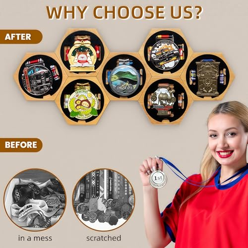 Image of Medal Hanger Display - Honeycomb Marathon Medal Hanger, Race Medal Holder Rack for Wall with No-Drill Adhesive Mounting, Stylish Holder for Running Medals