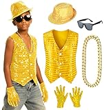 Kids Dance Hip Hop Jazz Costume Boys Sequin Vest Hat Sunglasses Set for Dance Party 4-5T Gold