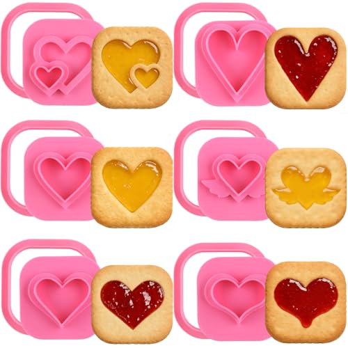 6Pcs Heart Filled Cookie Cutters Valentines Day Cookie Cutter Sets for Baking Cookies Molds 3D Fondant Cutters Wedding Filled Heart Shaped Cookies Stamp Biscuit Cutter Dessert Molds Baking Supplies