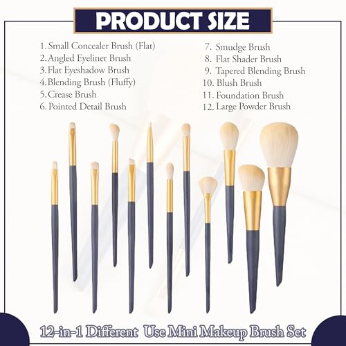 Image of GLUN Professional Makeup Brushes Set 12 Different Size Shape Brushes with Travel Cloth Bag, Complete Face & Eye Brush Kit for Foundation, Powder, Eyeshadow & Blending