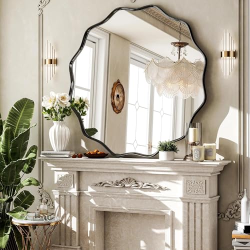 Image of VooBang Black Scalloped Circle Mirror, 36 inch Wavy Edge Round Wall Mirror