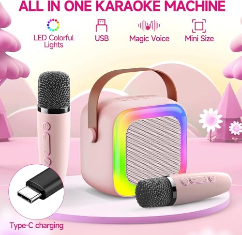 Image of Mini Karaoke Machine for Kids Teen Adults with 2 Wireless Microphones and LED Lights, Bluetooth 5.3 Connectivity, Toys for Party, Home, Gifts for 4 5 6 7 8 9 10 11 12+ Years Girls Boys