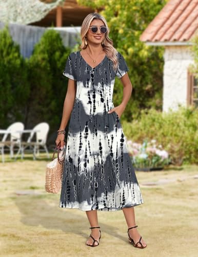 Image of Zeagoo Women Summer Floral Dress Short Sleeve Beach Dress with Pockets Casual V-Neck Split Long T-Shirt Dress Travel Vacation