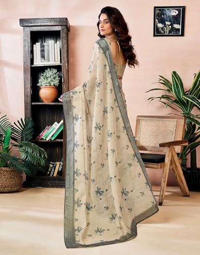 Image of SIRIL Women's Printed Cotton Linen One Minute Ready to Wear Saree With Unstitched Blouse Piece