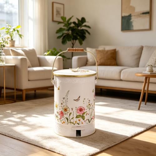 Image of Pink Floral Metal Step Trash Can with Lid, 8L Vintage Butterfly & Wildflower Decorative Waste Basket with Handles for Bathroom, Bedroom, Kitchen, 14.57 inch x 9.84 inch