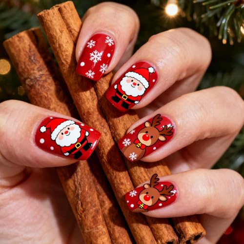 Red Christmas Square Press on Nails Medium Fake Nails with Design Cute Santa Claus Artificial False Nails Winter Acrylic Christmas Nails for Women 24 Pcs Manicure