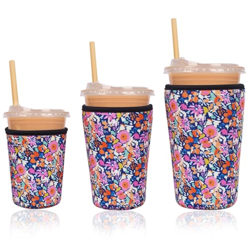 Image of Reusable Insulated Neoprene Iced Coffee Cup Sleeve, Durable Drink Sleeve for Cold Beverages, Beverage Holder for Iced Coffee (Bloom Frenzy)