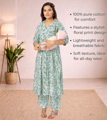 Image of Momenta Women's Pure Cotton Maternity Kurta Set | Feeding Kurti with Concealed Zippers | Maternity Dress for Pre & Post Pregnancy